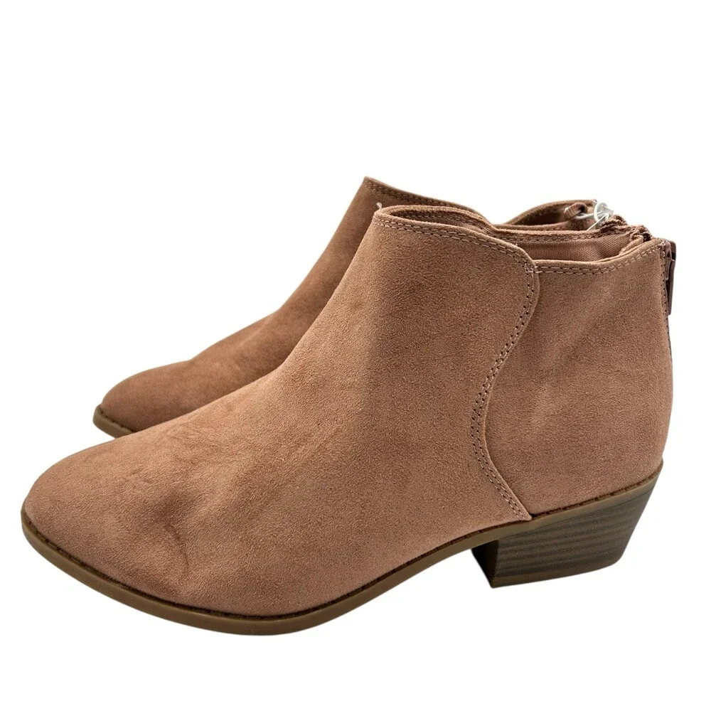 Old Navy Girls Tan Suede Rear Zip Stacked Block Heel Ankle Booties Size 4